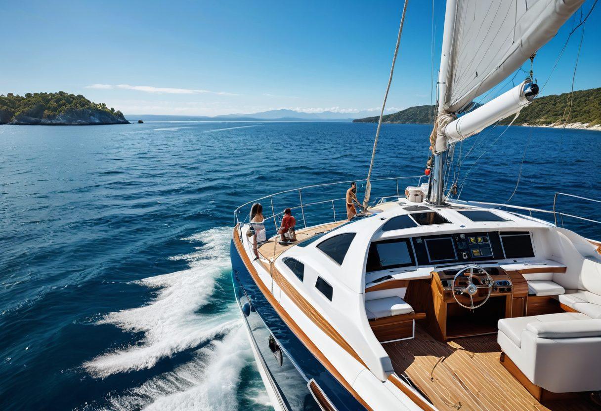 A luxurious yacht cruising through clear blue waters, with the sun shining brightly and gentle waves lapping against the hull. Include a diverse group of happy people on board, enjoying the experience, surrounded by scenic coastlines and distant islands. In the foreground, incorporate a navigational chart and compass to symbolize guidance and direction. Render in a realistic style with vibrant colors and a sunny atmosphere.