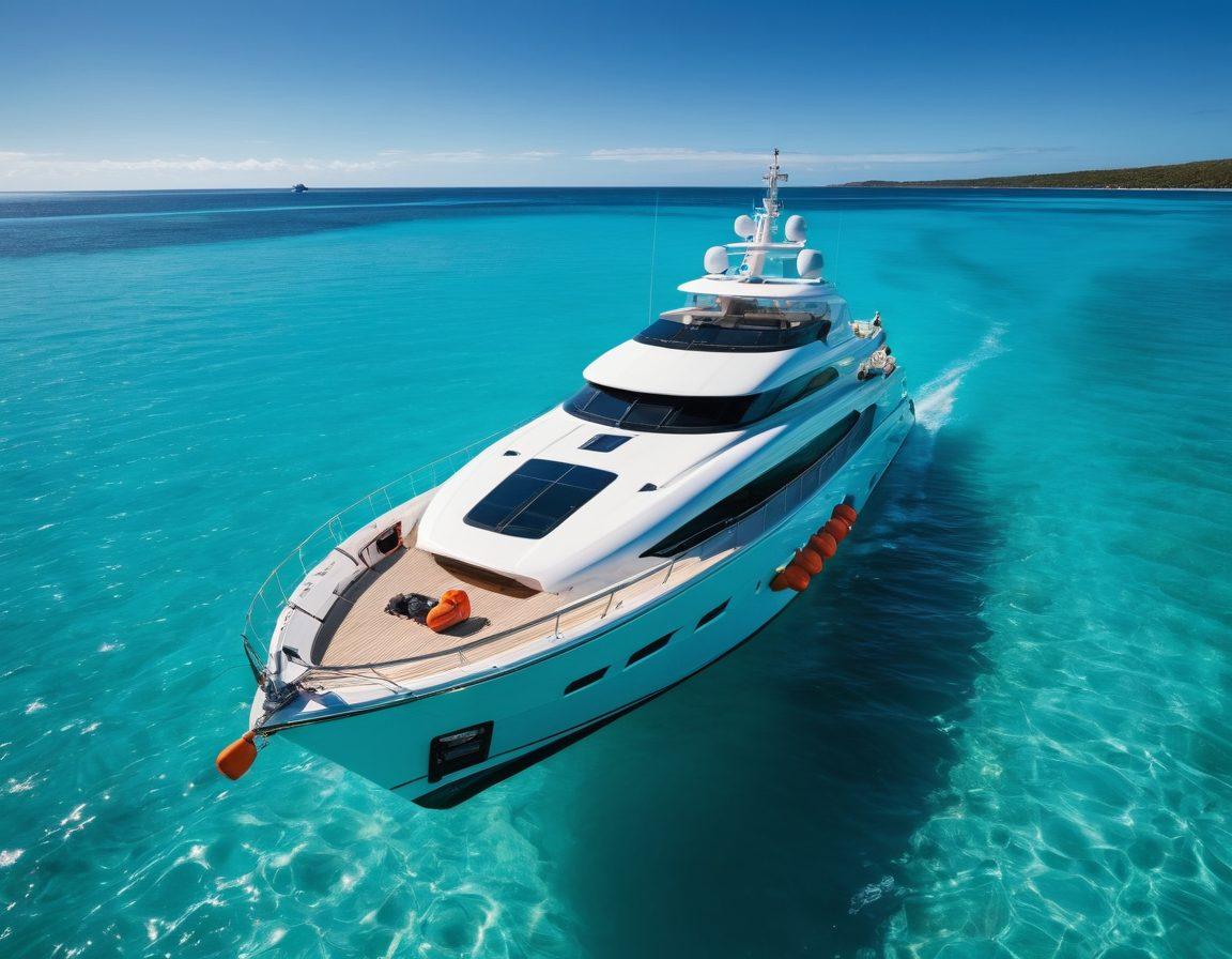 A sleek, modern yacht gliding through crystal-clear turquoise waters under a bright blue sky. In the foreground, telltale signs of marine protection such as life jackets, a satellite communication device, and a map laid out on the deck. The sun reflects off the water, creating a serene yet exciting atmosphere. Incorporate subtle nautical elements like ropes and buoys in the background. super-realistic. vibrant colors. calm seaside backdrop.