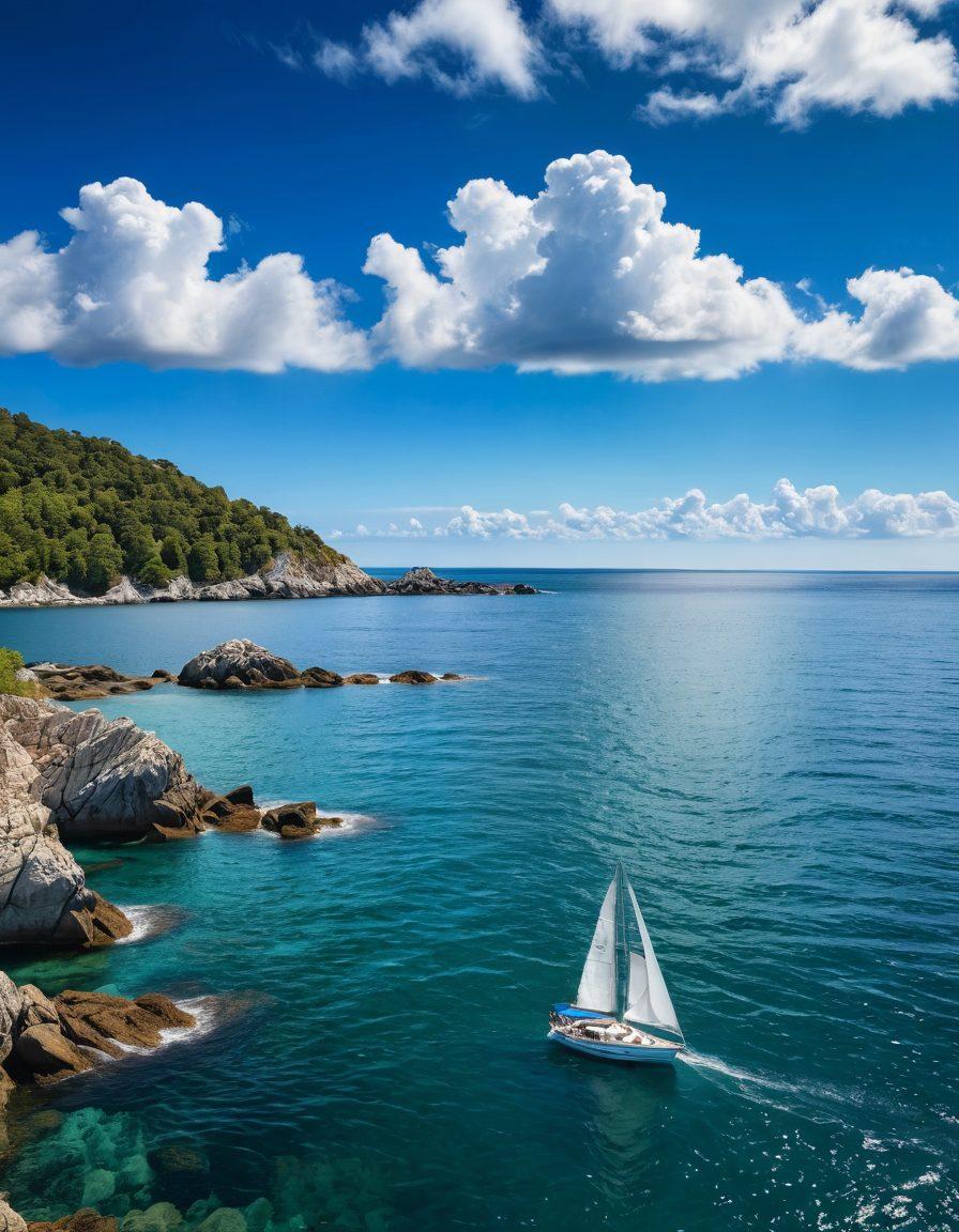 A serene ocean landscape featuring a sailboat navigating through calm waters, with a clear blue sky and fluffy white clouds. In the background, subtle hints of rocky shores and distant islands symbolize potential risks. Overlay the scene with transparent shields representing marine protection strategies, like safety nets and navigational tools. The composition should evoke a sense of adventure and safety. vivid colors. 3D. super-realistic.
